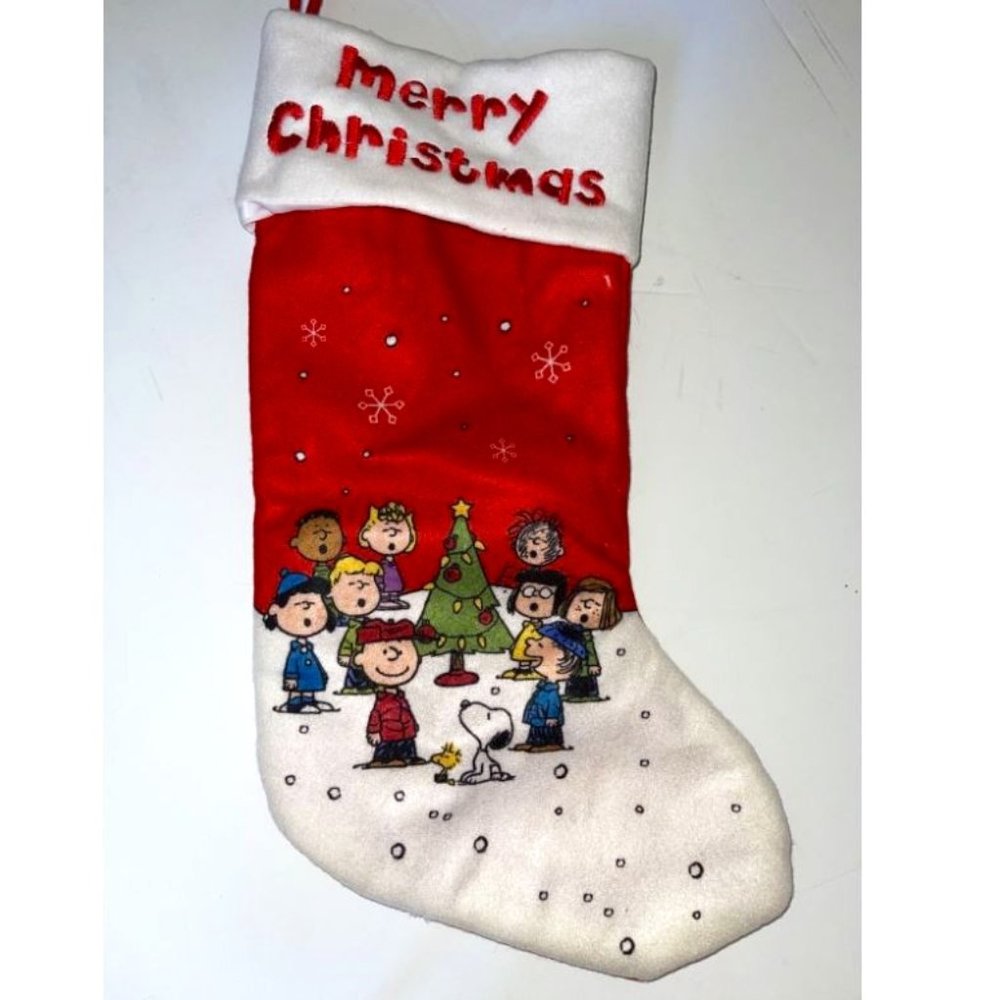 Peanuts Caroling Merry Christmas Stocking Red White Holiday Decor